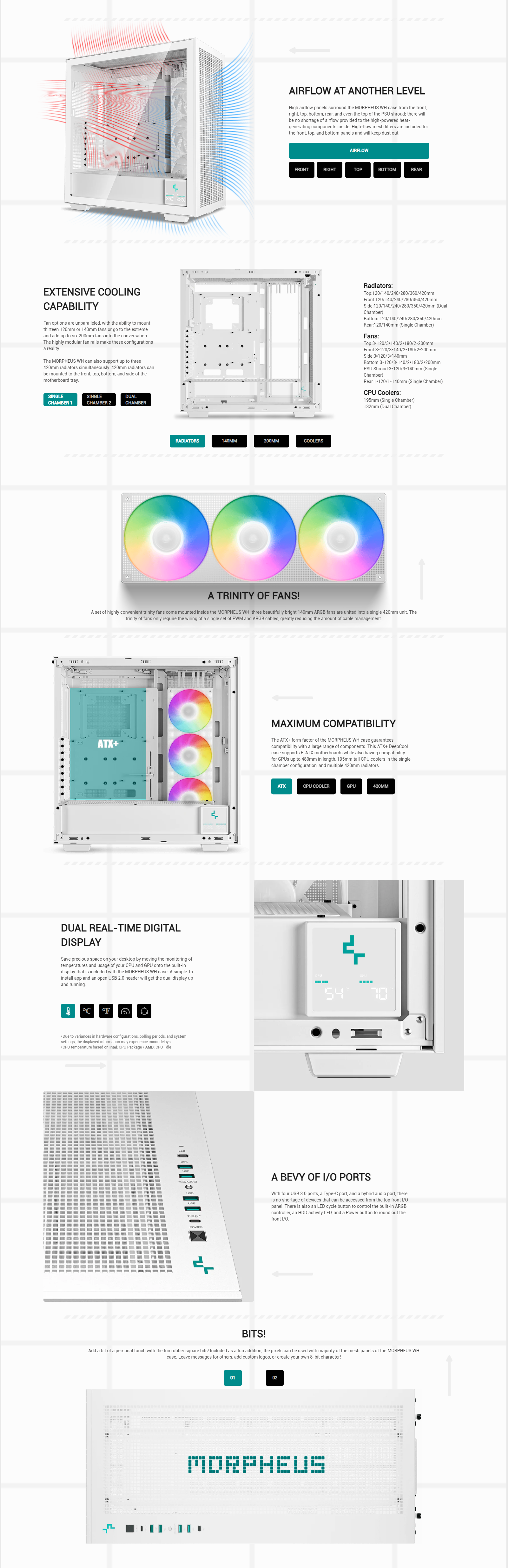 A large marketing image providing additional information about the product DeepCool Morpheus Mid Tower Case - White - Additional alt info not provided